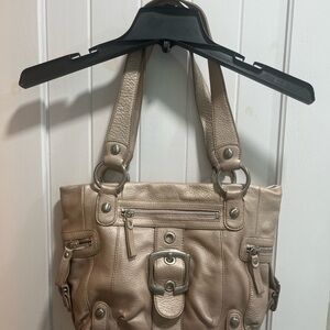 B. Makowsky Tan Shoulder Bag with Double Straps and Structured Design